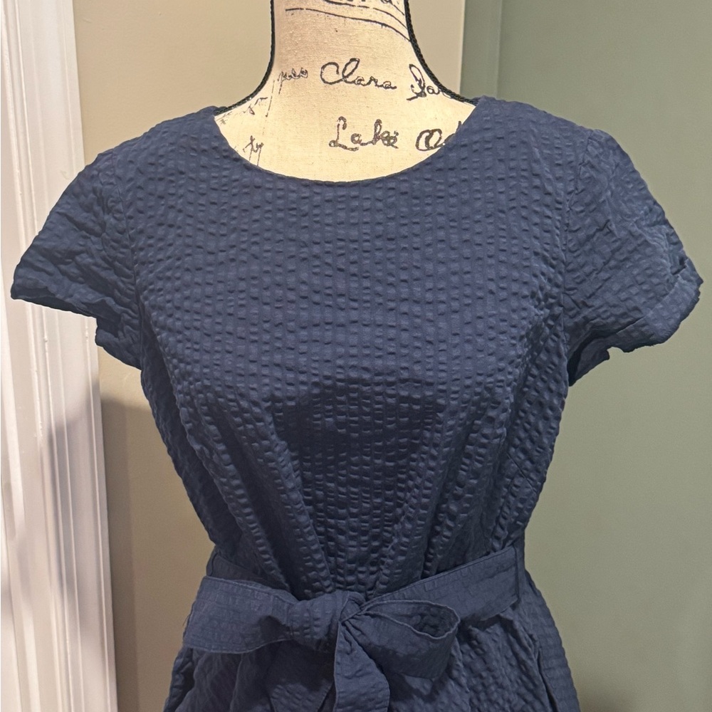 Brooks Brothers Navy Textured Short Sleeve Belted Dress - Picture 2 of 14